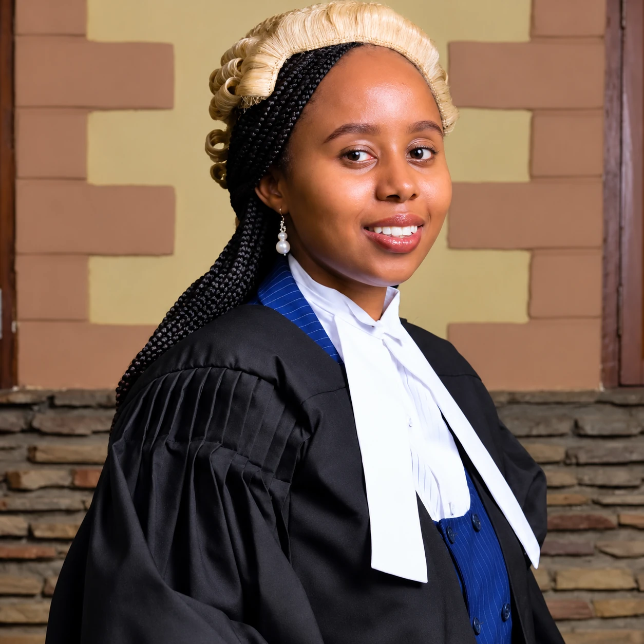 Joyce Ndehi wearing her advocate’s black court gown and white neckbands